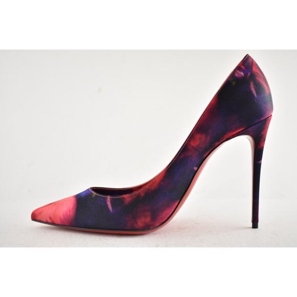 Christian Louboutin Kate 100 Crepe Satin Roses Red Blue Pointed Heel Pump 41 - Picture 11 of 15